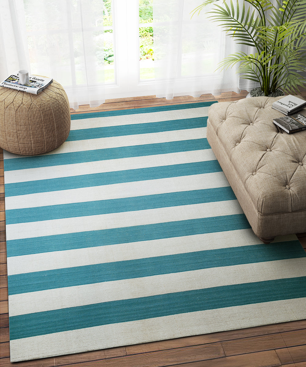 IVORY TEAL STRIPES DHURRIE