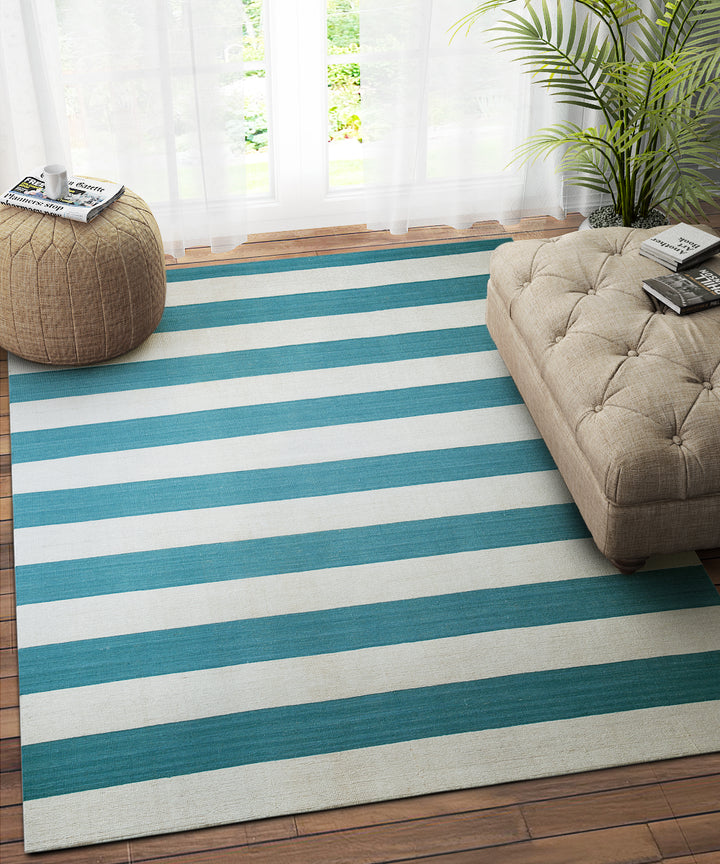 IVORY TEAL STRIPES DHURRIE