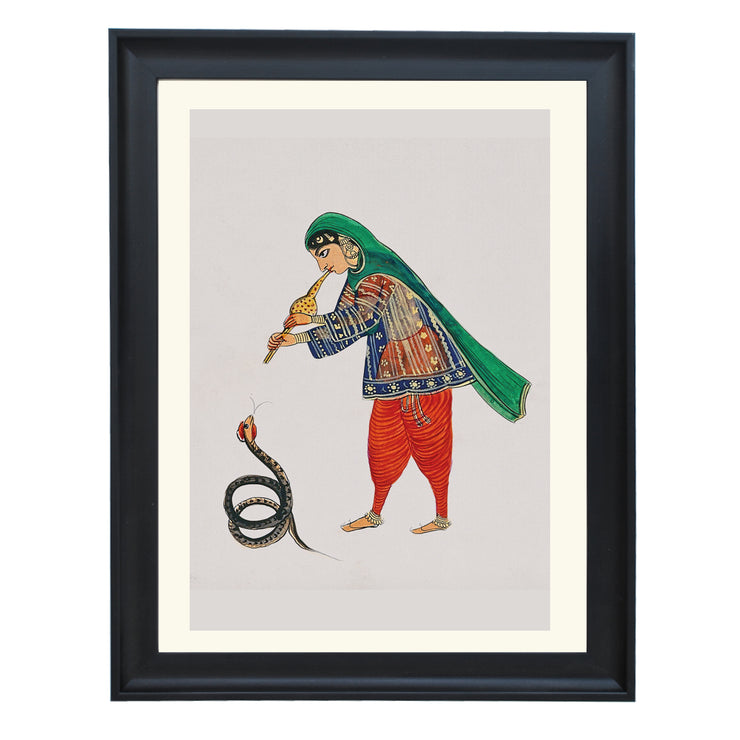 A female snake charmer plays the flute to rouse the snake Art Print