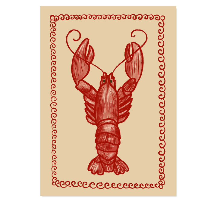 lobster illustration print, coastal kitchen wall decor, nautical dining art, seafood restaurant artwork, red marine art print, cottage coastal vibe