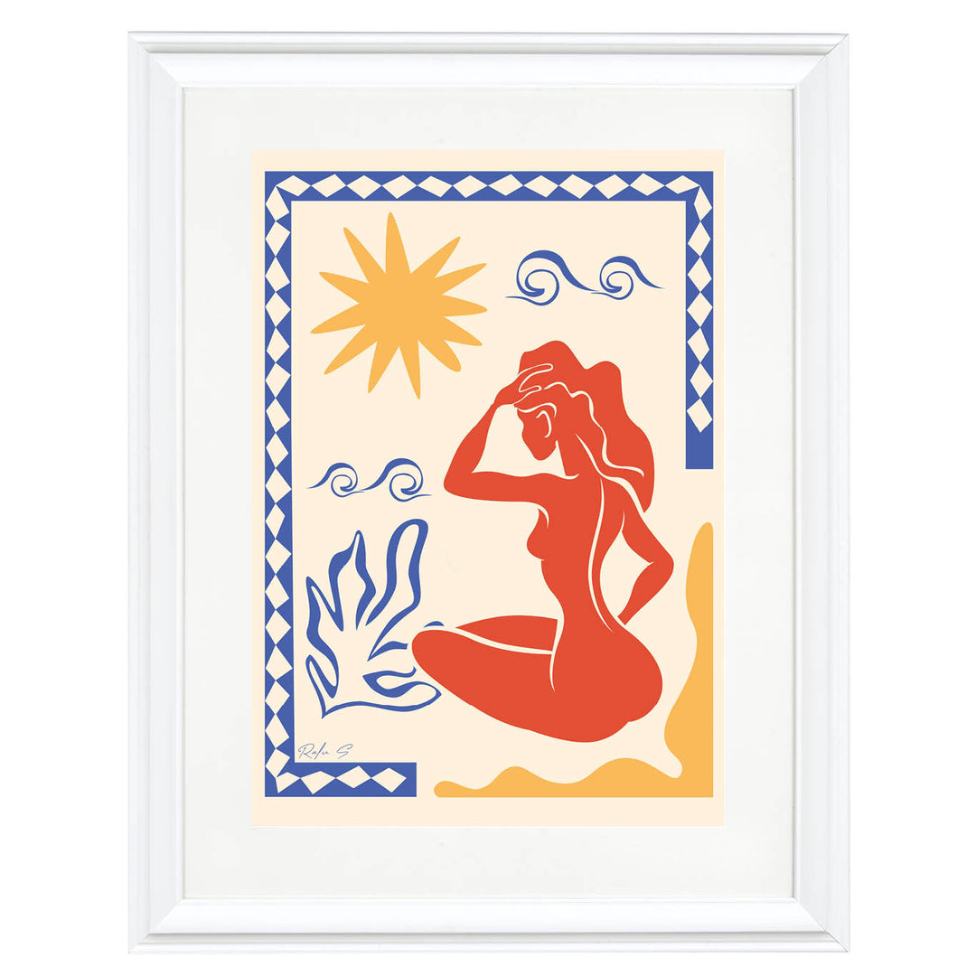 Mediterranean wall art, bohemian sun print, coastal chic decor, terracotta and blue art, abstract female silhouette, summer beach vibe art