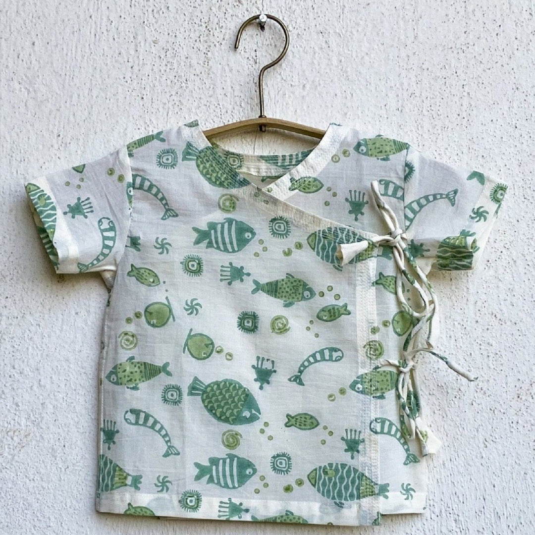 UNISEX FISH PRINT ANGARAKHA TOP WITH MINT GREEN PYJAMA PANTS