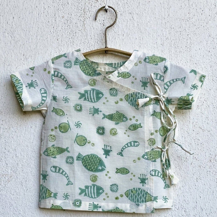 UNISEX FISH PRINT ANGARAKHA TOP WITH MINT GREEN PYJAMA PANTS