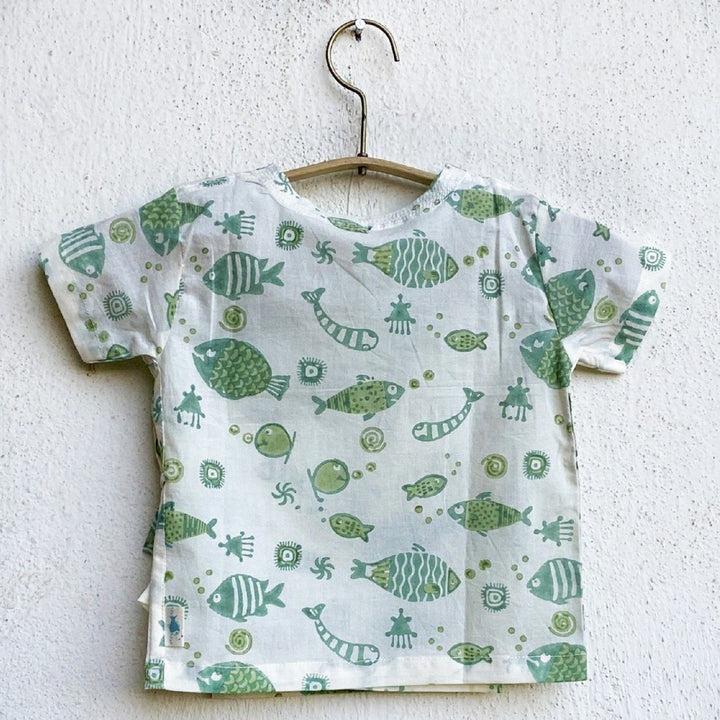 UNISEX FISH PRINT ANGARAKHA TOP WITH MINT GREEN PYJAMA PANTS