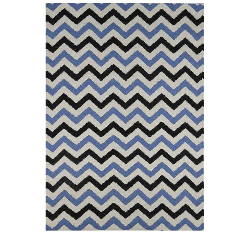 BLUE BLACK CHEVRON HAND WOVEN DHURRIE