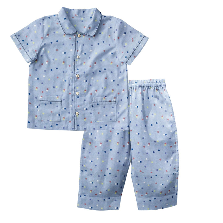 Organic Half Sleeved Collared Pajama Set-Blue Dots