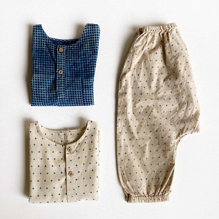 UNISEX ORGANIC ZOO BAG - INDIGO CHECK KURTA + INDIGO RAIDANA KURTA + RAIDANA PANTS