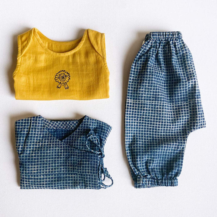 UNISEX ORGANIC ZOO BAG - YELLOW JHABLA + INDIGO CHECK ANGARAKHA + PANTS