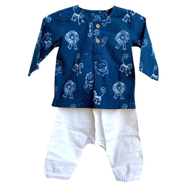 UNISEX ORGANIC ZOO PRINT INDIGO KURTA + WHITE PANTS