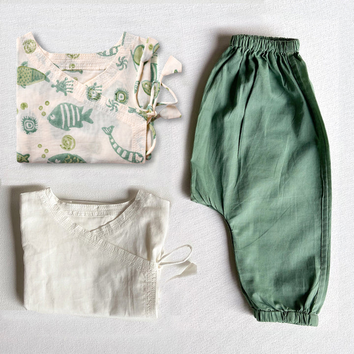 UNISEX ORGANIC KOI BAG - KOI MINT AND WHITE ANG + MINT PANTS