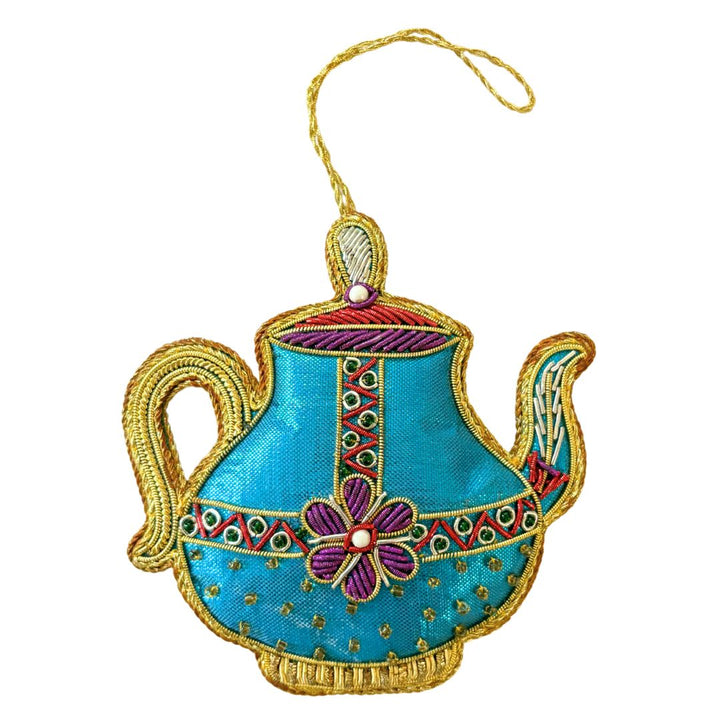 Handmade Blue Teapot Embroidered Ornament