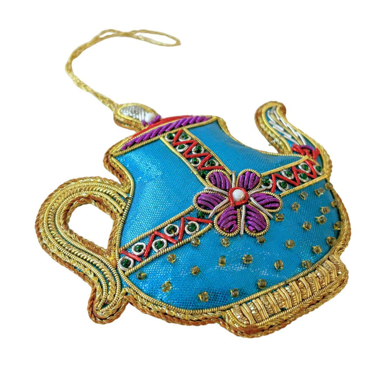 Handmade Blue Teapot Embroidered Ornament