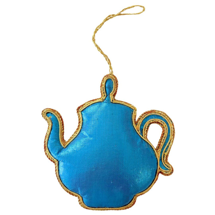 Handmade Blue Teapot Embroidered Ornament