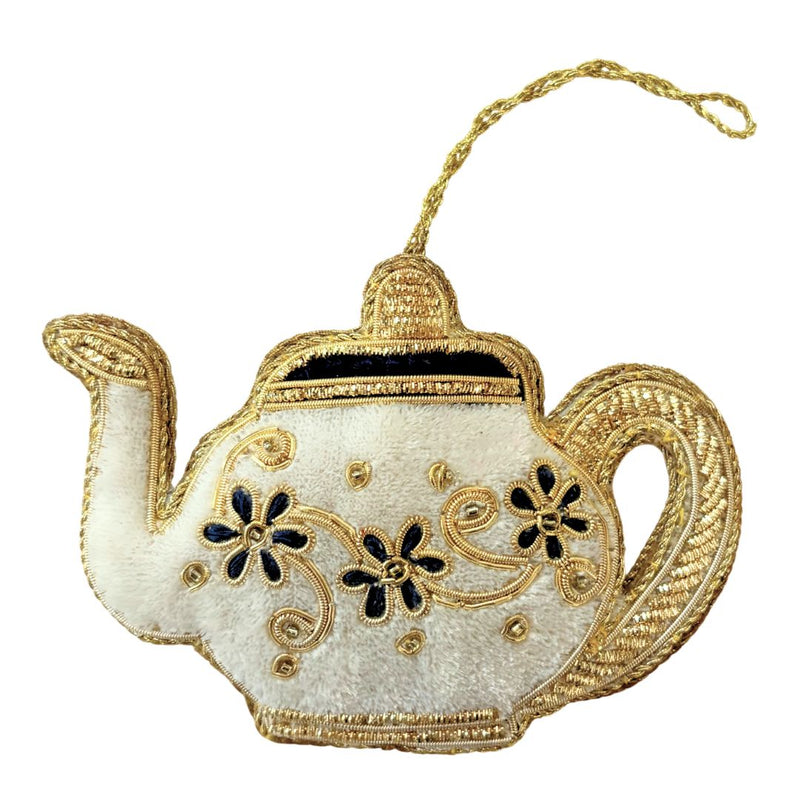 Handmade Ivory Floral Teapot Embroidered Ornament