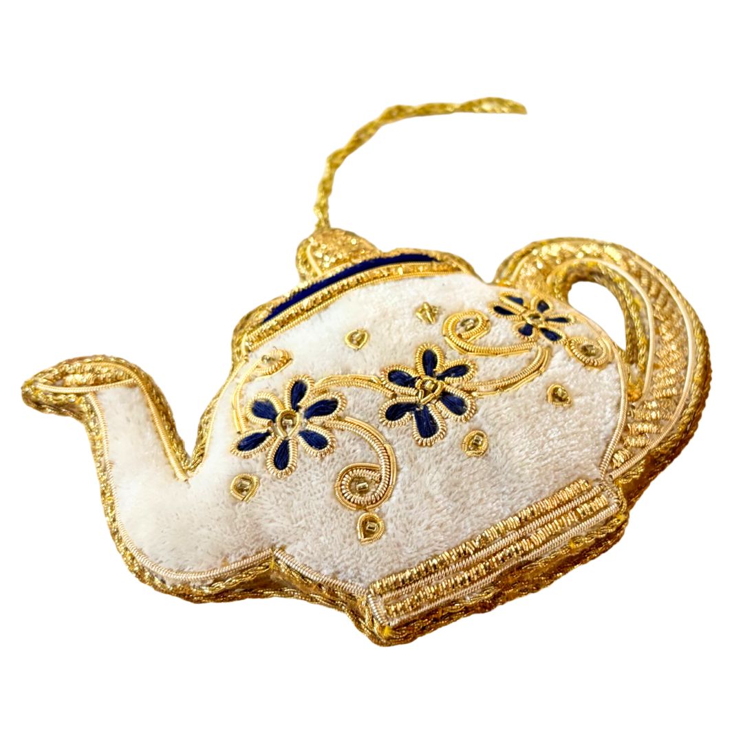 Handmade Ivory Floral Teapot Embroidered Ornament