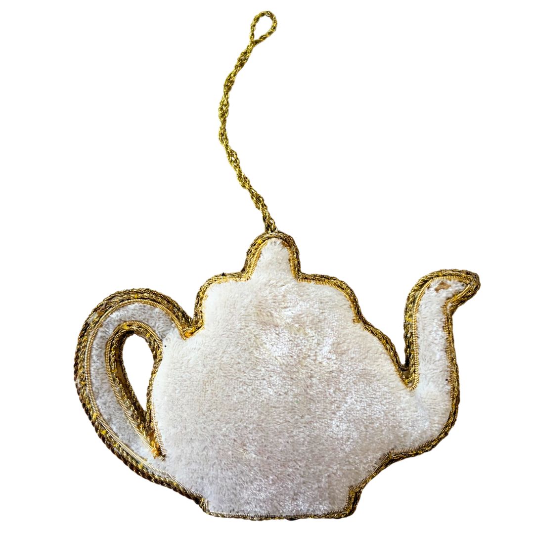Handmade Ivory Floral Teapot Embroidered Ornament