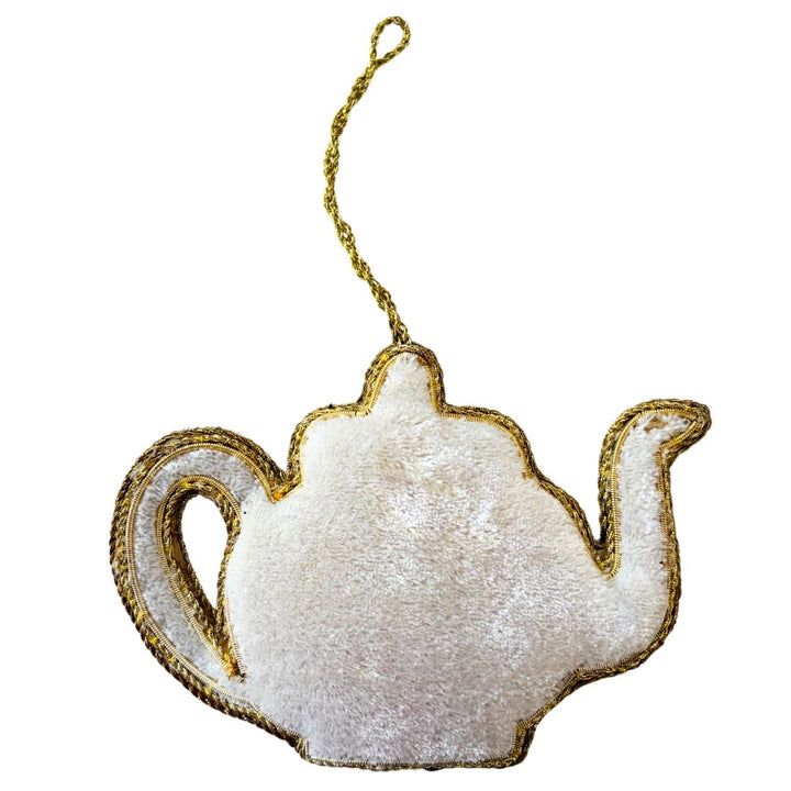 Handmade Ivory Floral Teapot Embroidered Ornament