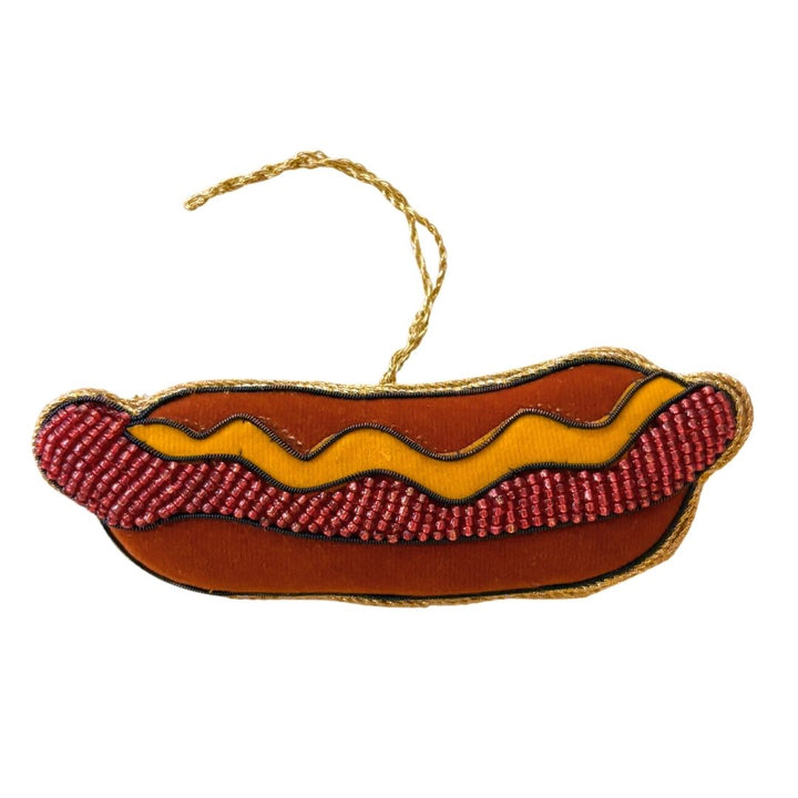 Handmade Hot Dog Embroidered Ornament