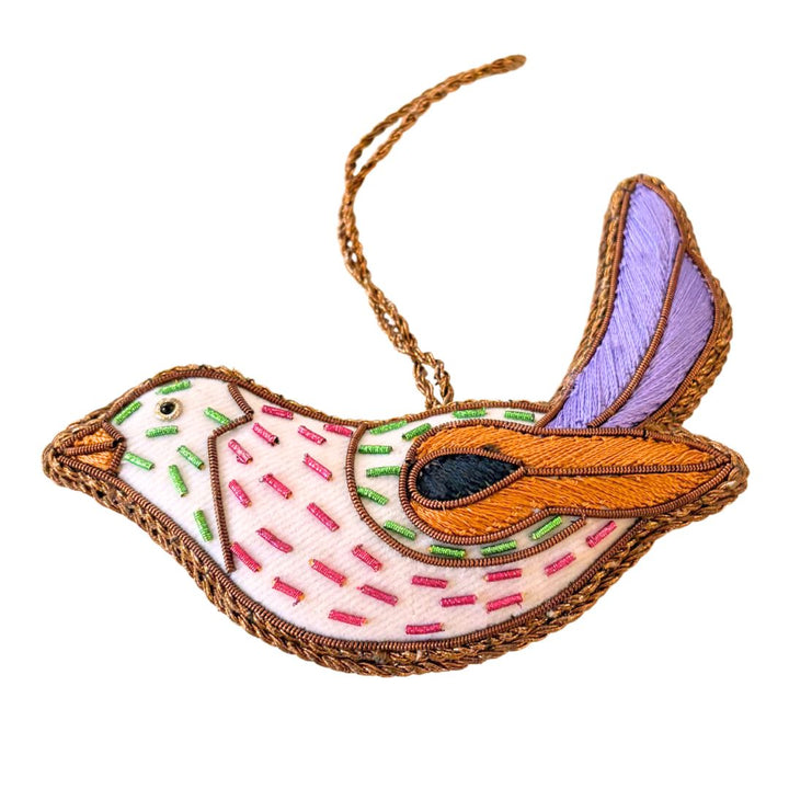 Handmade Pink Finch Embroidered Ornament