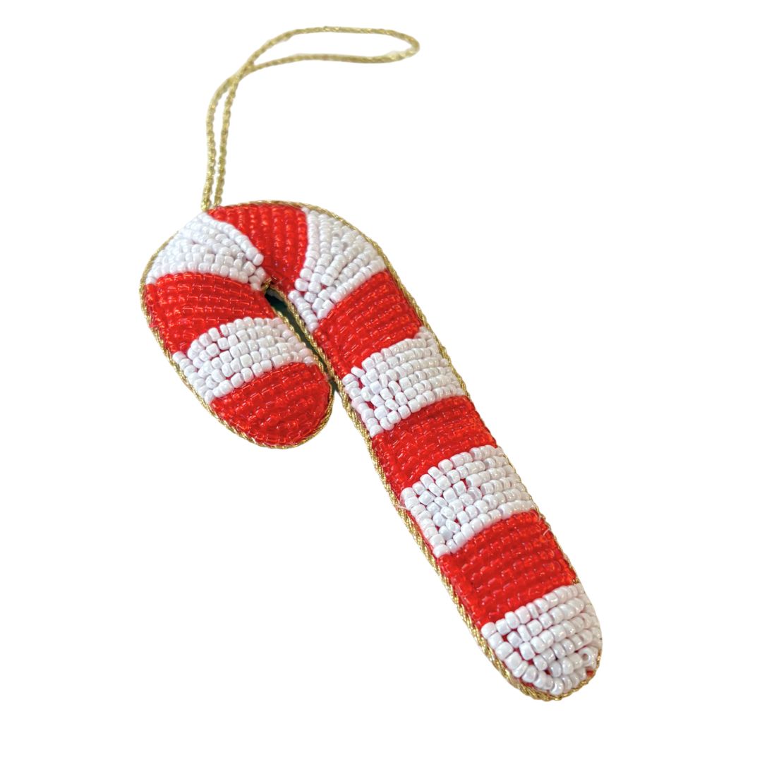 Handmade Candy Cane Beaded Embroidered Ornament