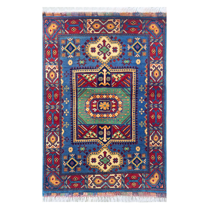 Afghan Herat Turkmen Chobrang hand-knotted carpet, deep cobalt blue field with green central medallion panel framed by ivory cartouches, crimson border
