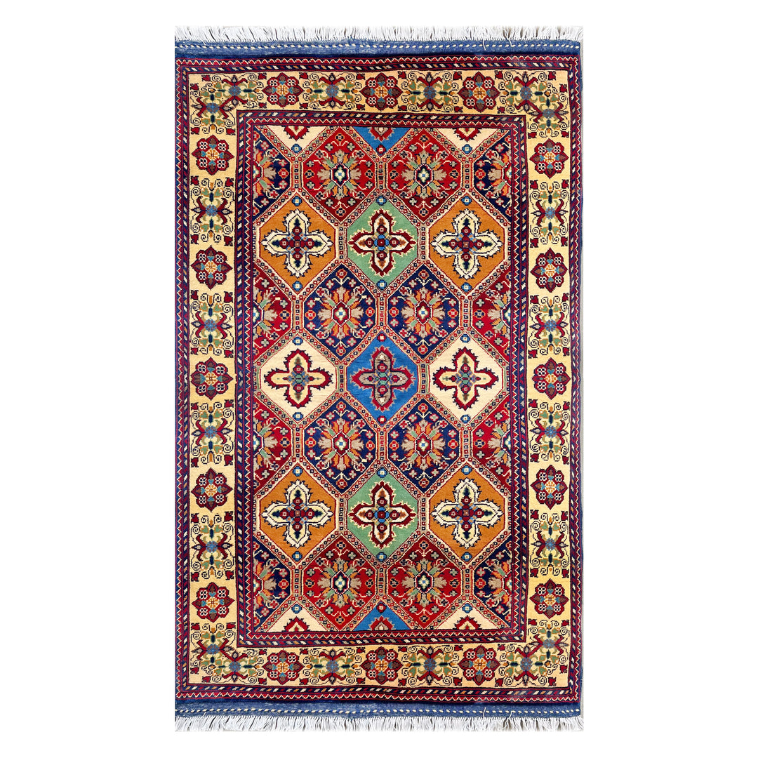 Afghan Herat Turkmen Chobrang hand-knotted carpet, warm ivory ground with allover interlocking diamond lattice in amber, bottle green, navy and deep crimson