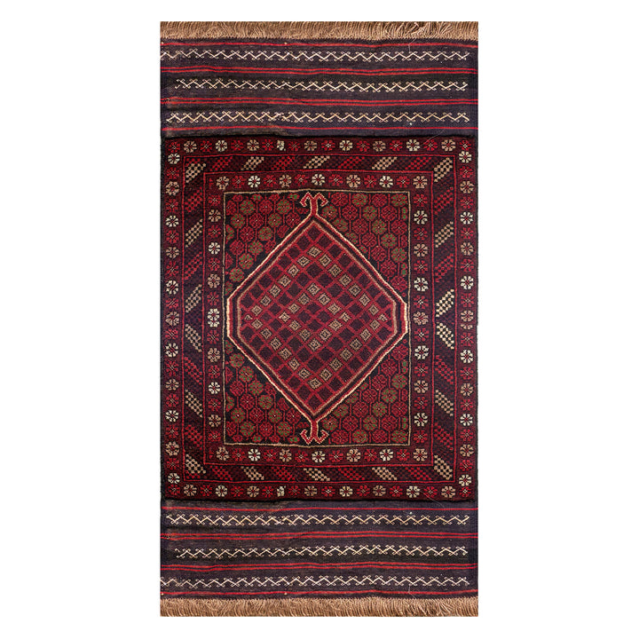Afghan Herat Turkmen hand-knotted carpet in Karakul wool, deep wine-burgundy field with honeycomb lozenge medallion, ivory and orange elem bands