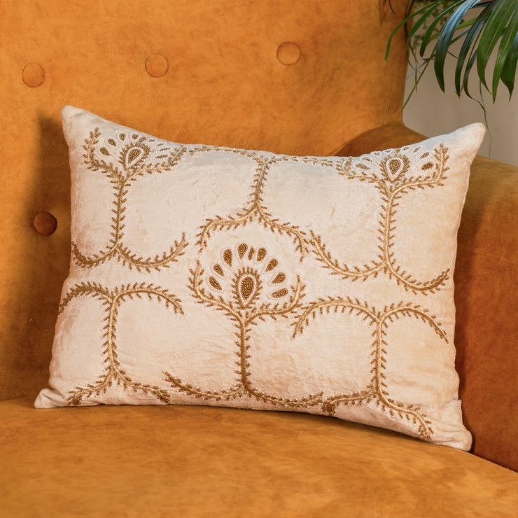 White velvet floral embroidered cushion cover