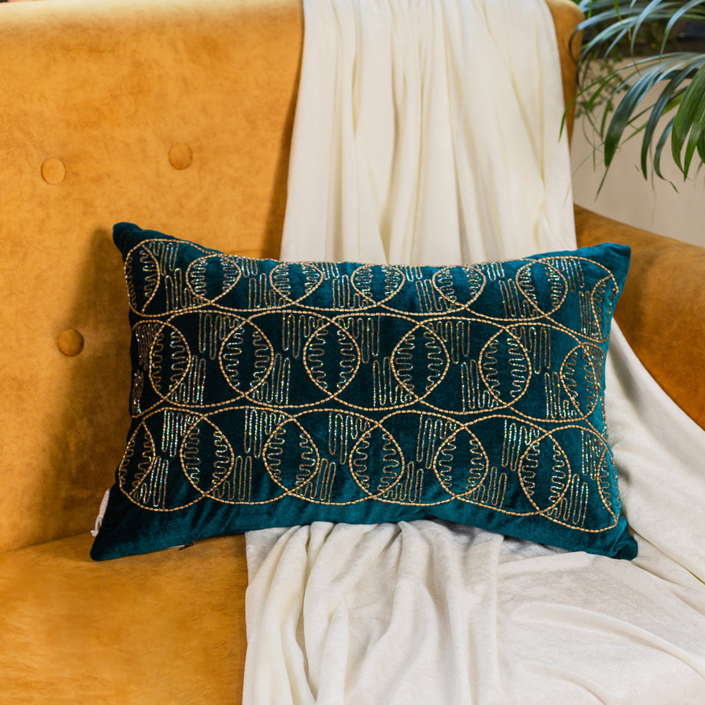 Teal green Geometric embroidered cushion cover