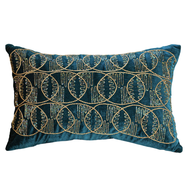 Teal green Geometric embroidered cushion cover