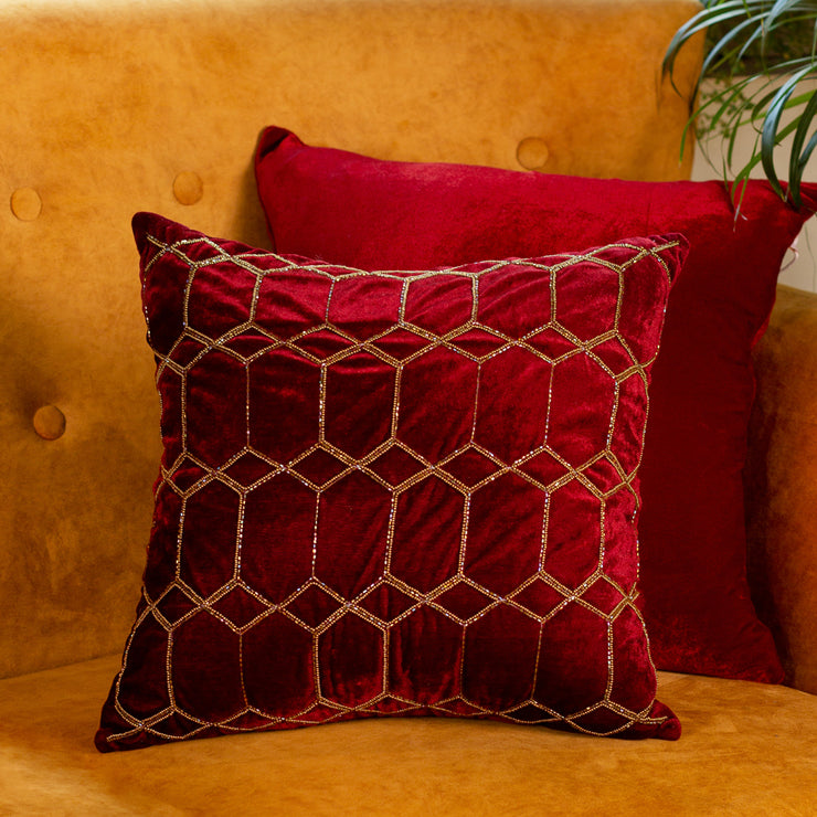 Red geometrical embroidered cushion cover
