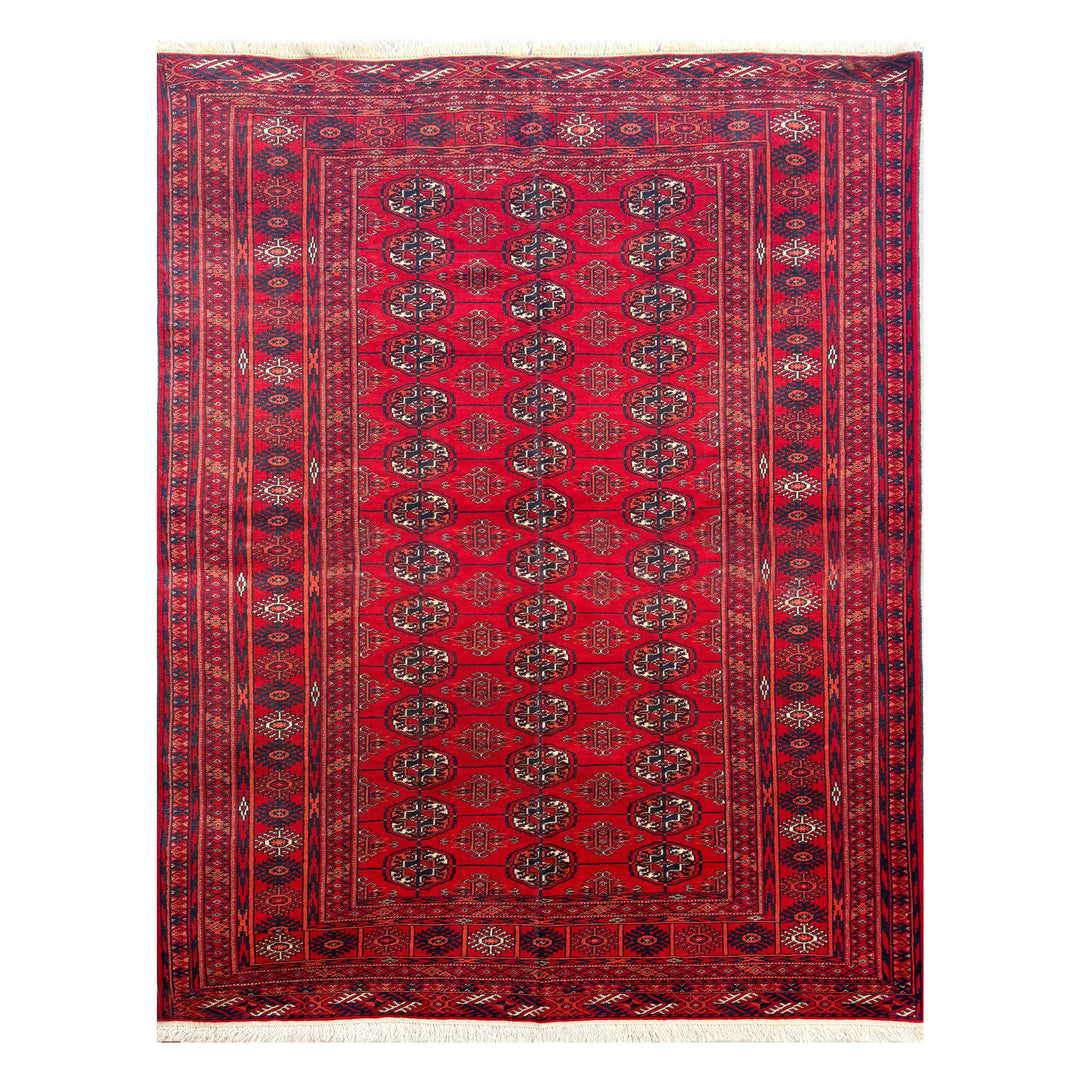Vintage Afghan Herat Turkmen Mouri Shakh hand-knotted carpet at 200 knots per square inch, deep crimson field with classic Bokhara gul rows in navy and ivory