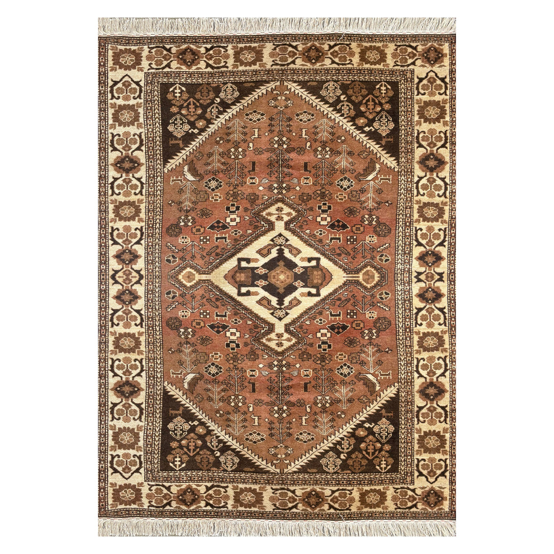 Vintage Afghan Herat Turkmen Sarkhati hand-knotted carpet at 180 knots per square inch, warm terracotta and rust field with single large ivory diamond medallion