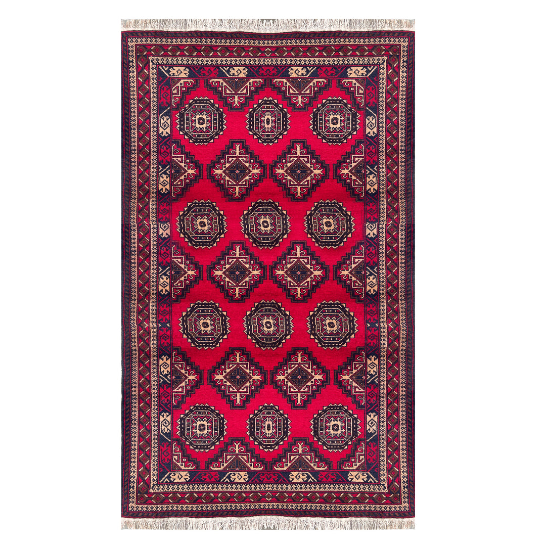 Afghan Herat Baluch hand-knotted runner, crimson field with rows of large navy octagonal gul medallions alternating with small cross motifs