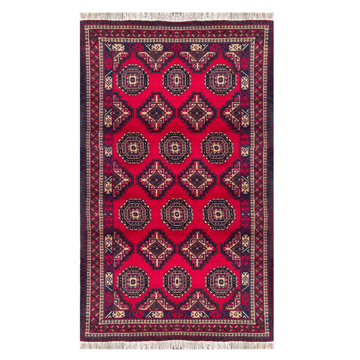 Afghan Herat Baluch hand-knotted runner, crimson field with rows of large navy octagonal gul medallions alternating with small cross motifs