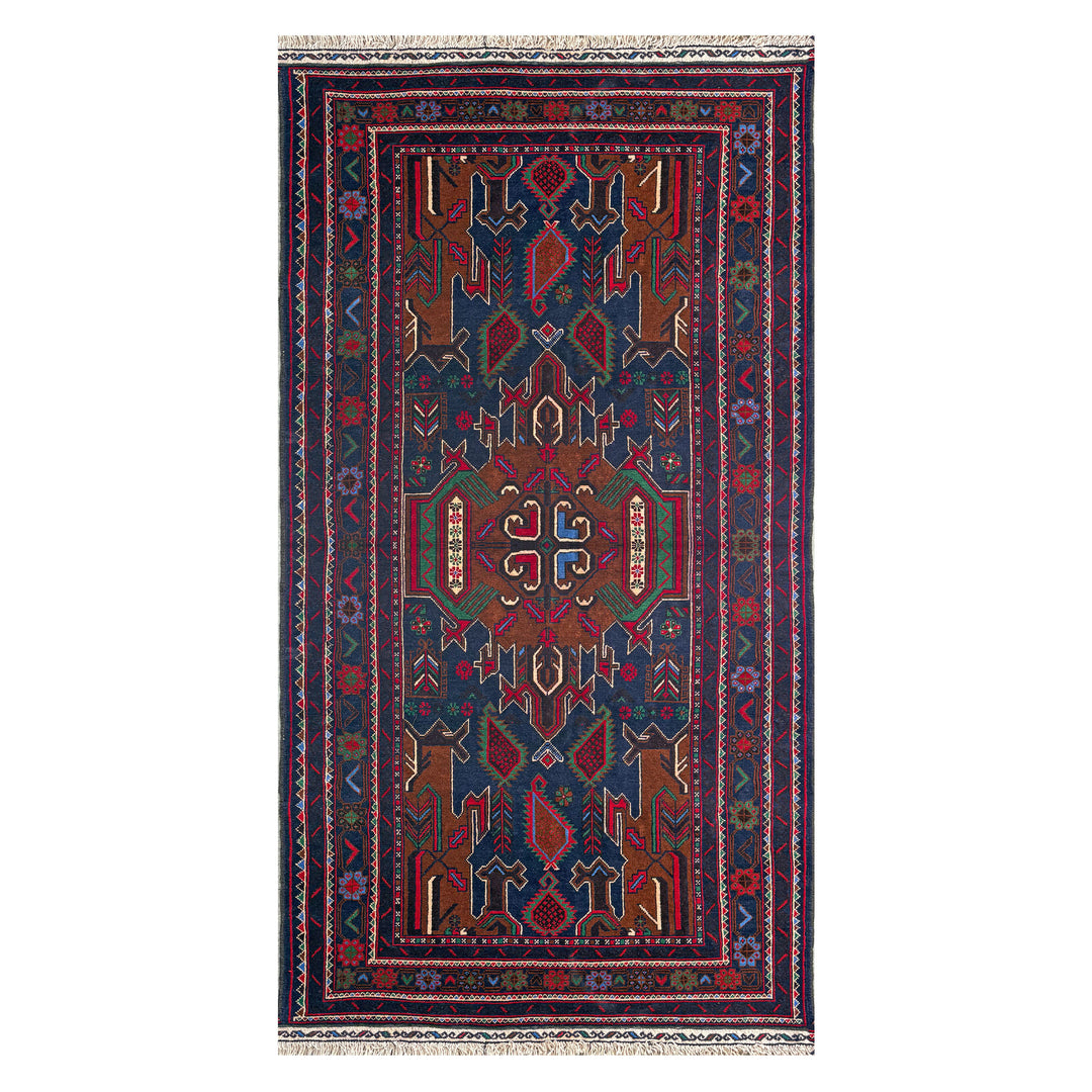 Afghan Herat Baluch hand-knotted runner, crimson field with rows of large navy octagonal gul medallions alternating with small cross motifs