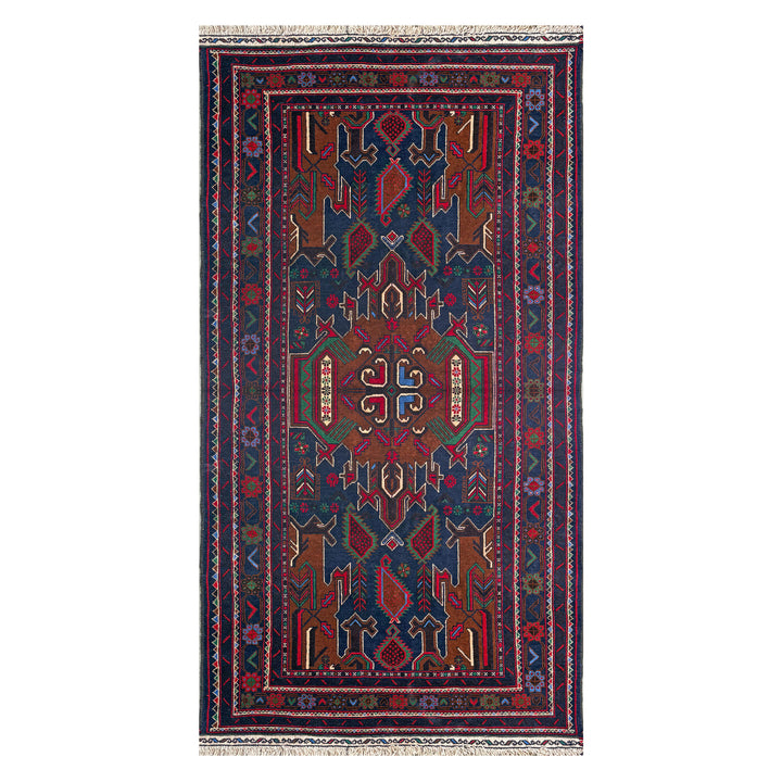 Afghan Herat Baluch hand-knotted runner, crimson field with rows of large navy octagonal gul medallions alternating with small cross motifs