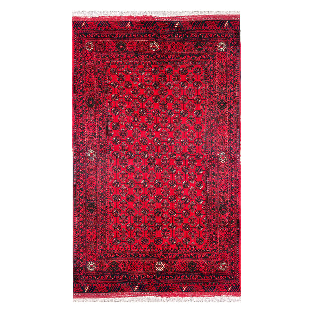 Afghan Mazar-e-Sharif Turkmen Mouri hand-knotted carpet, deep red field covered end to end with dense small near-black navy gul motifs
