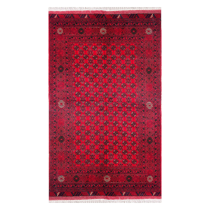 Afghan Mazar-e-Sharif Turkmen Mouri hand-knotted carpet, deep red field covered end to end with dense small near-black navy gul motifs