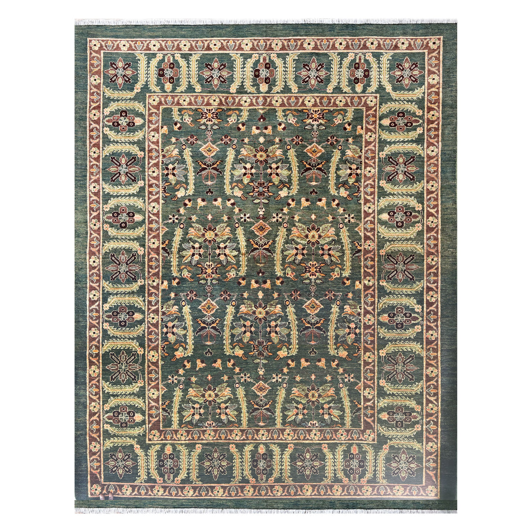Afghan Kabul Hazara Chobi hand-knotted carpet, deep forest green field with allover vine scroll of gold and cream flowering forms, warm structured border