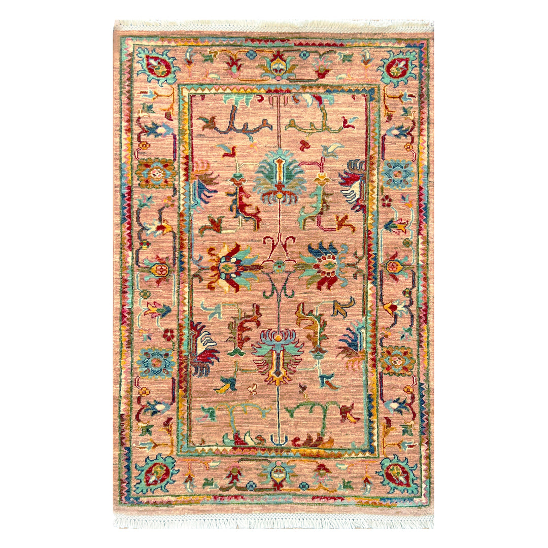 Afghan Kabul Hazara Chobi hand-knotted carpet, warm dusty rose field with populated garden vine scroll of flowers, small animals and birds, teal border