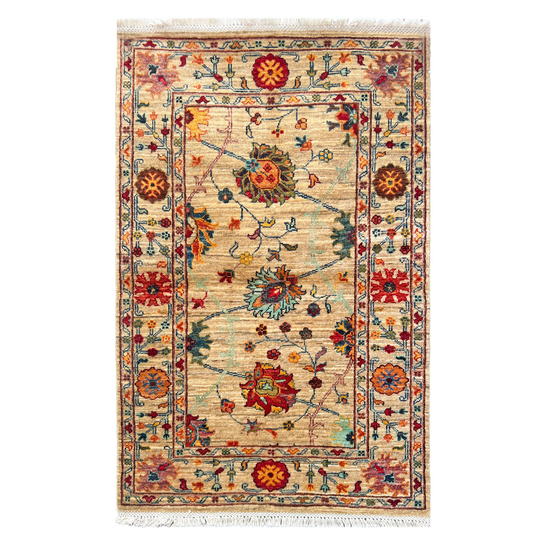 Afghan Kabul Hazara Chobi hand-knotted carpet, warm ivory parchment field with three large flowering forms on curling vines in red, teal and amber, deep red border