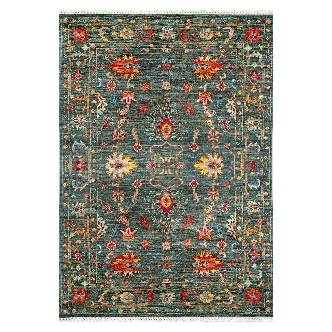 Afghan Kabul Hazara Chobi hand-knotted carpet, hunter green field with allover botanical vine in crimson, amber, ivory and soft blue, warm rose-red border