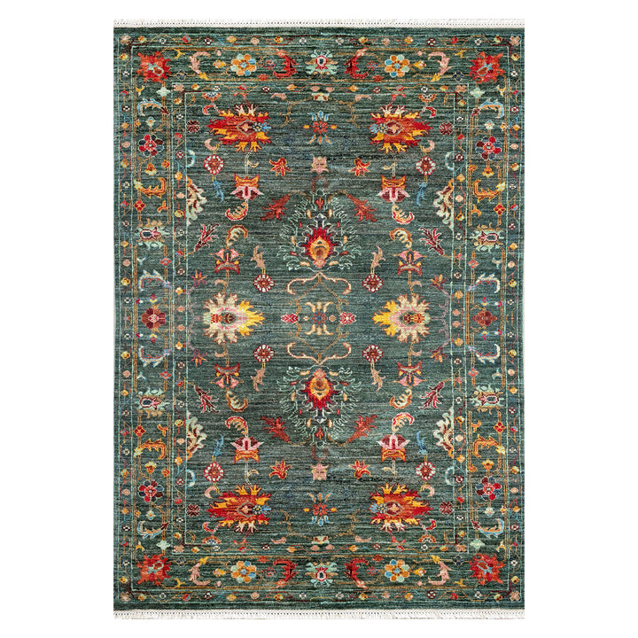 Afghan Kabul Hazara Chobi hand-knotted carpet, hunter green field with allover botanical vine in crimson, amber, ivory and soft blue, warm rose-red border
