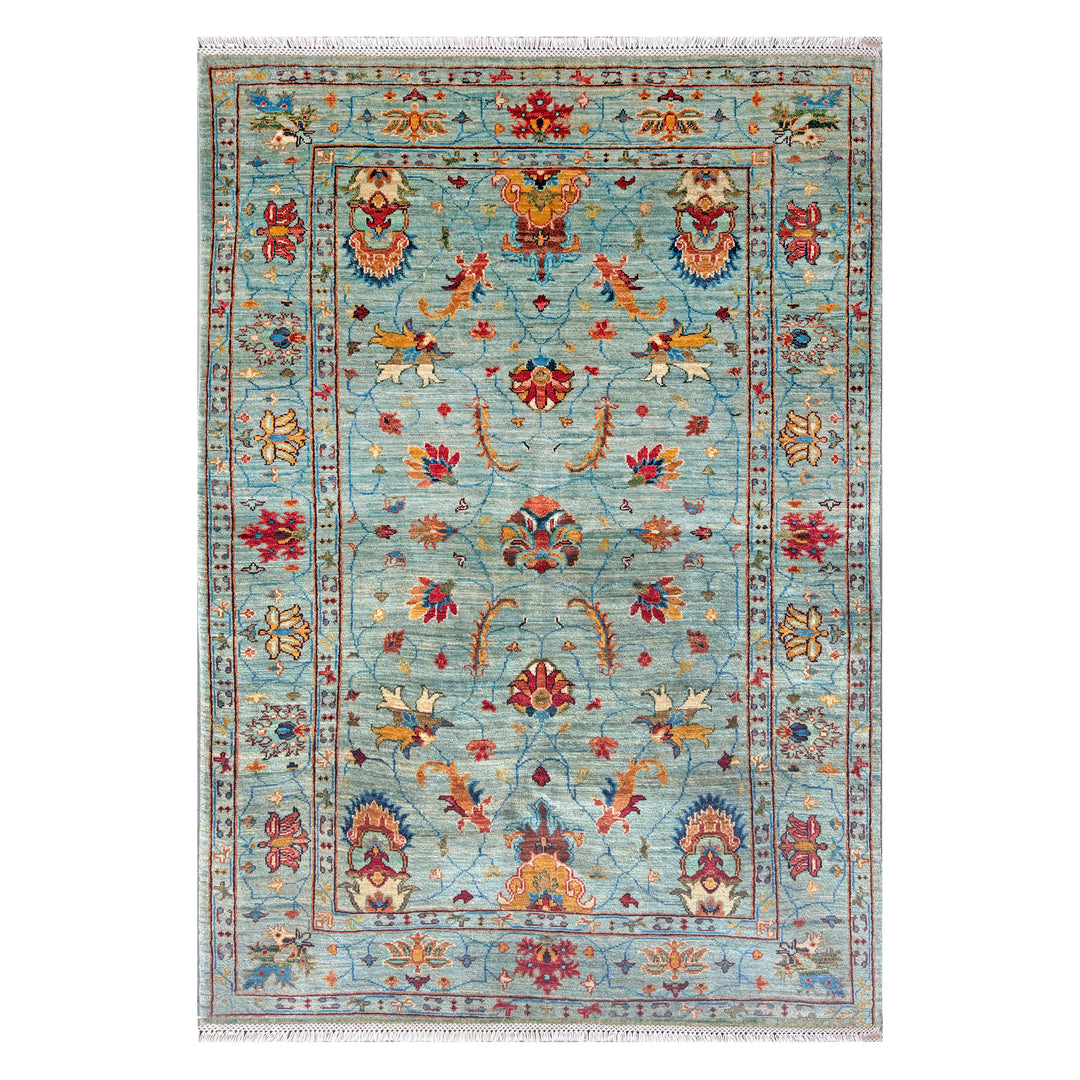 Afghan Kabul Hazara Chobi hand-knotted carpet, soft luminous blue-green field with vine scroll carrying blooms in amber, red, ivory and soft gold