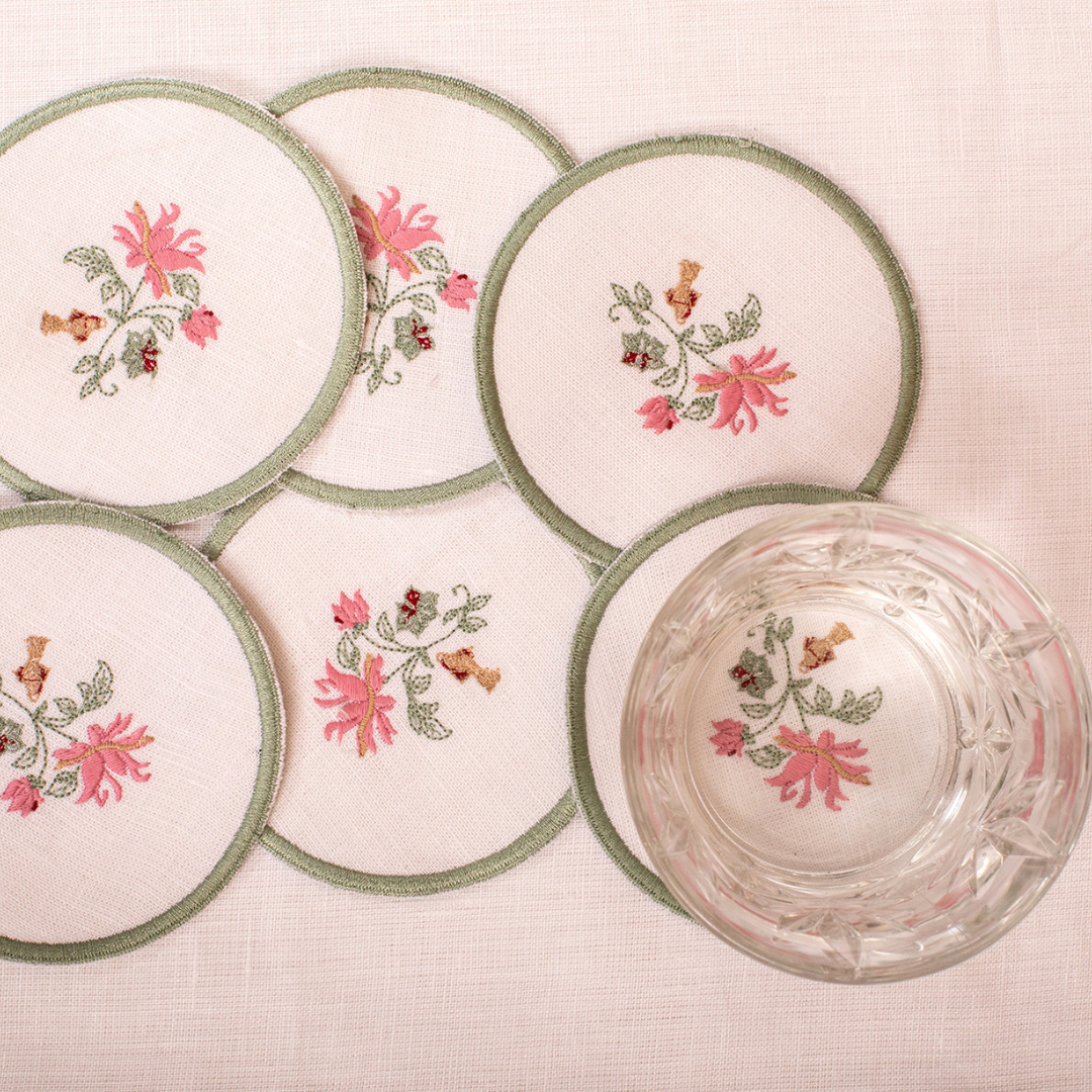 White Linen Embroidered - Coasters