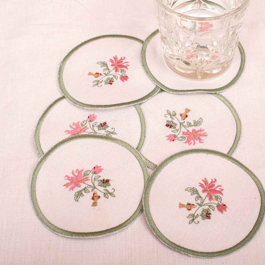 White Linen Embroidered - Coasters