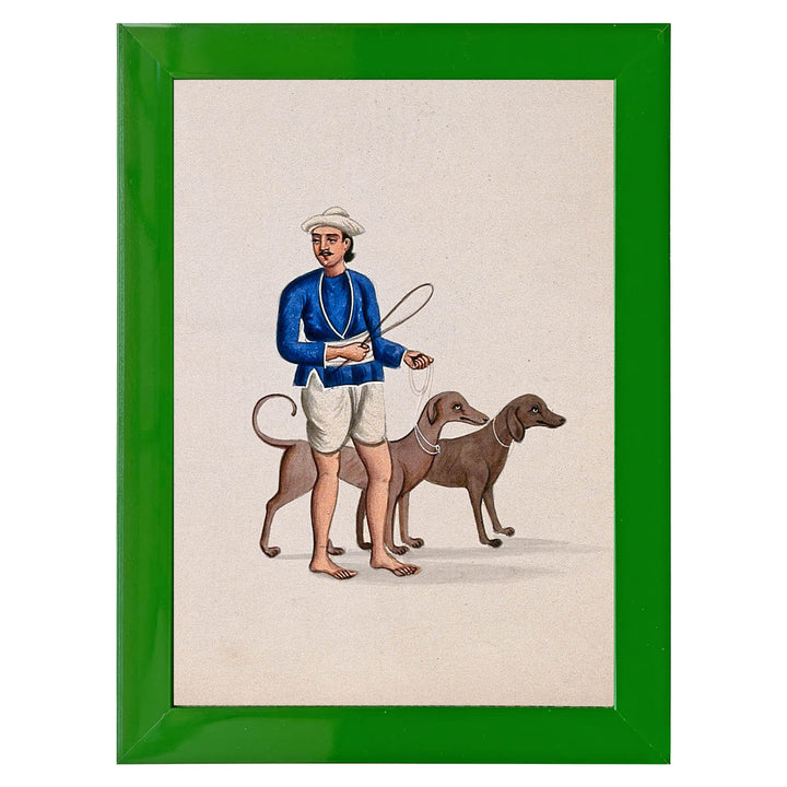 A dog keeper with two dogs Art Print