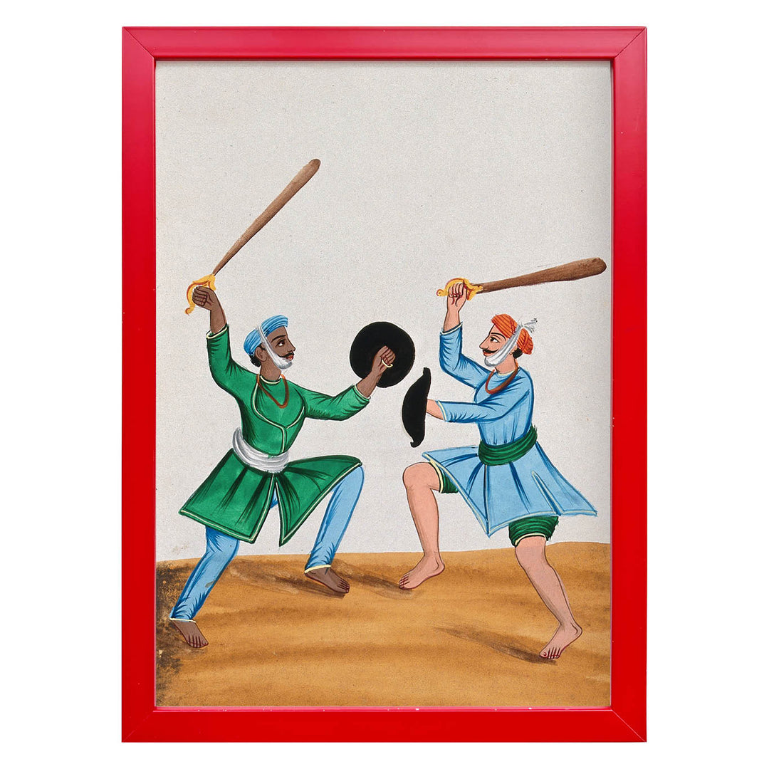 Two Sikh men dueling with wooden swords Art Print