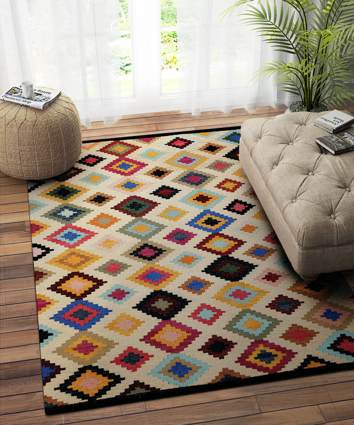 IVORY MULTICOLOR PIXLE KILIM DHURRIE